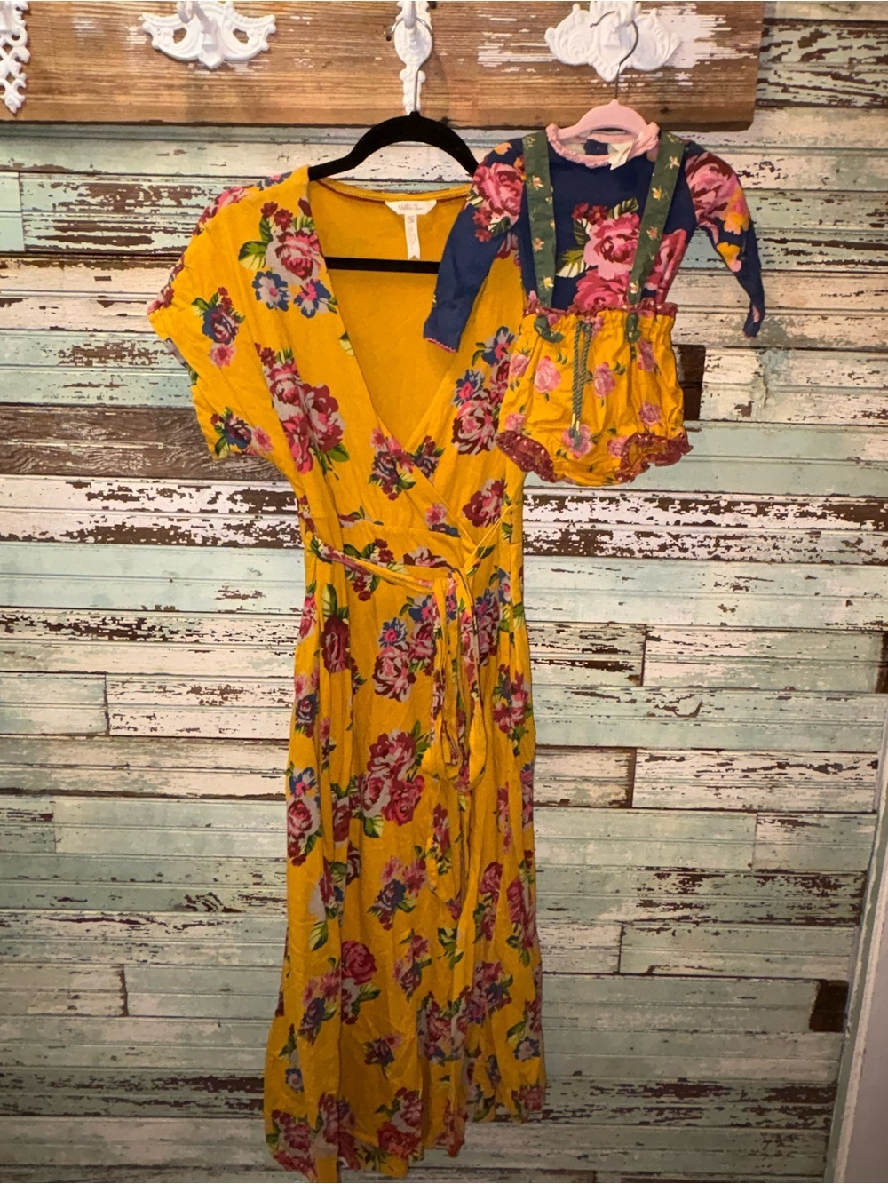 Matilda Jane Mom Floral Yellow Wrap Maxi Dress size XS & Matching Baby size 0-3